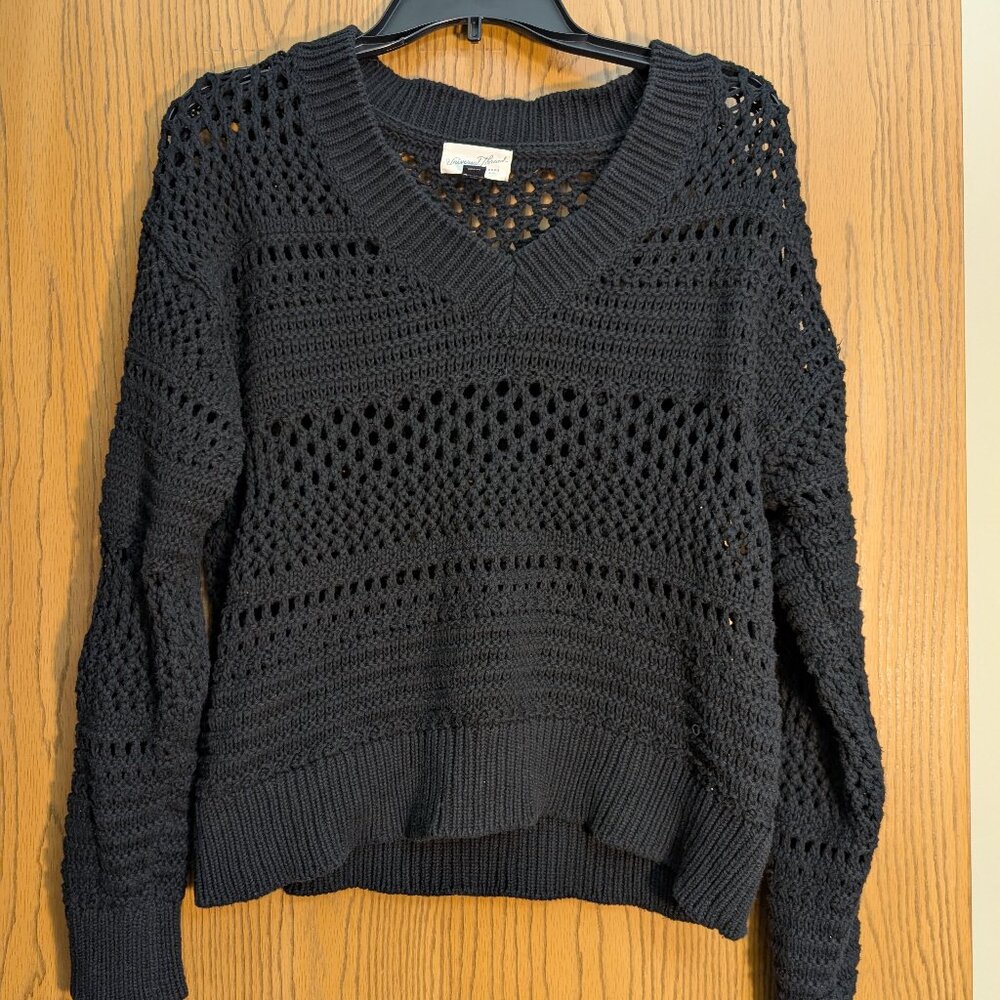 Textured Stitch Crochet Sweater Top Black Cotton Blend Medium